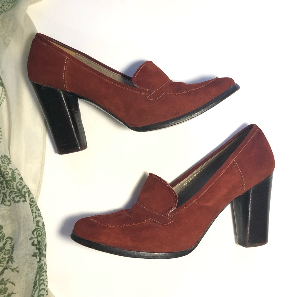Vintage Mikelos Wood Stacked Heels Suede Leather 9